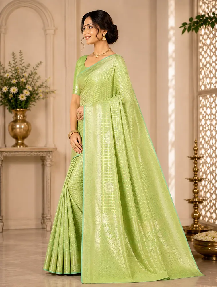 Sea Green Womens Premium Tissue Brocade 3 Card Saree
