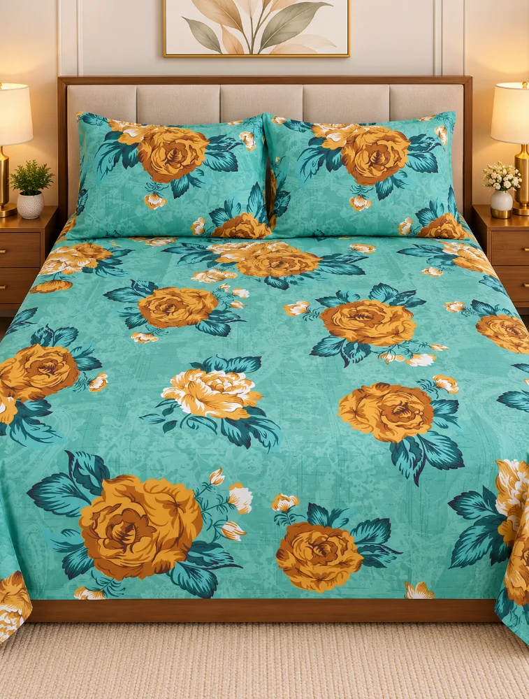 PEME MART Sea Green Cotton Printed Double Coat Queen Size Bedsheet with Pillow Cover