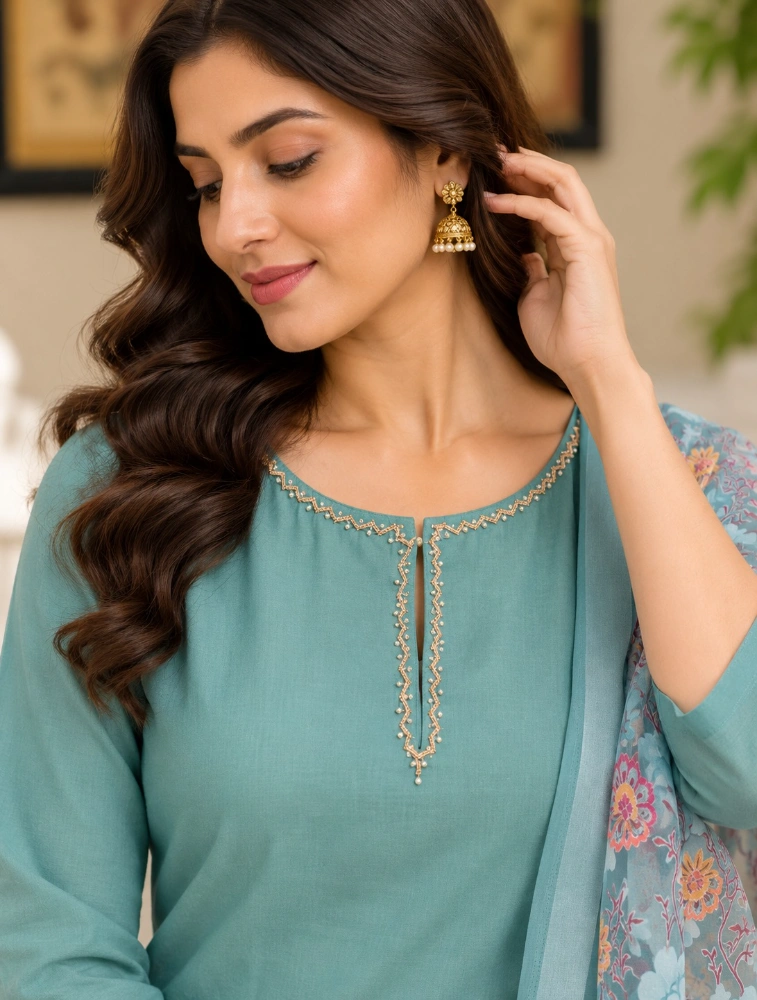 Jashyana Fashions Sea Green Embroidered Straight Kurta with Pant and Dupatta Set