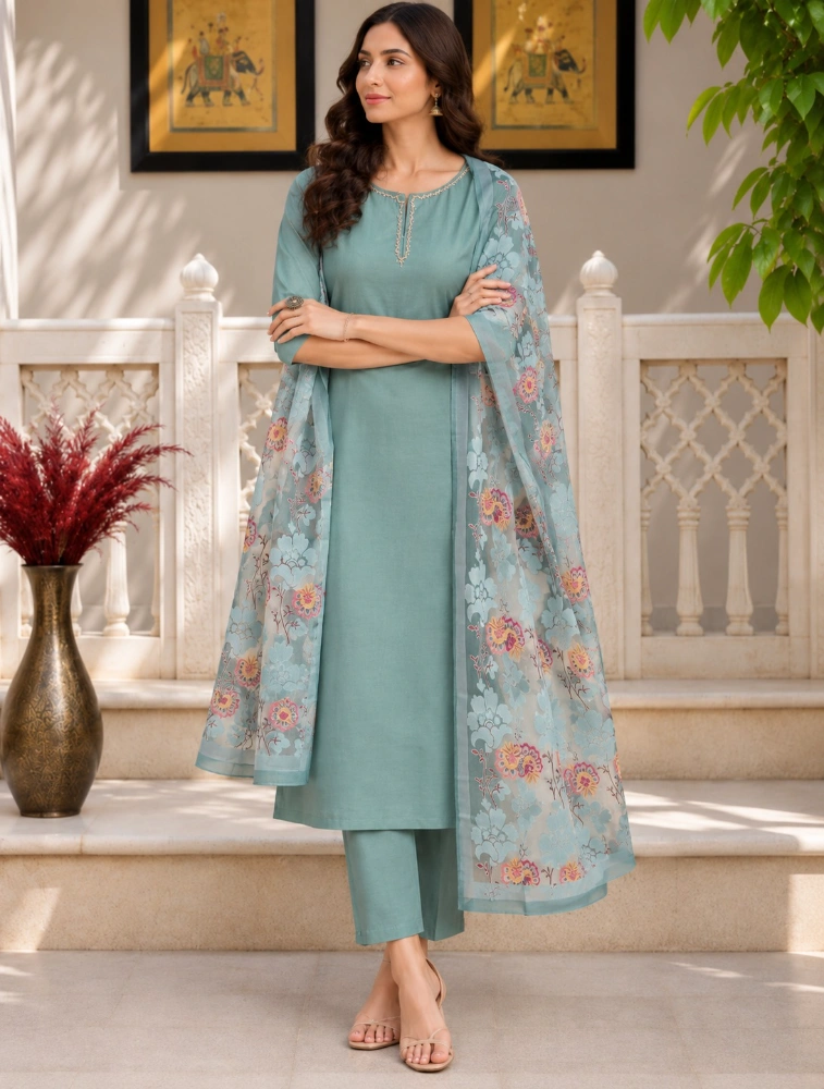 Sea Green Embroidered Straight Kurta with Pant and Dupatta Set 