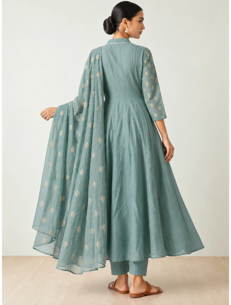 Sea Green Womens Anarkali Kurta with Pant and Dupatta Set
