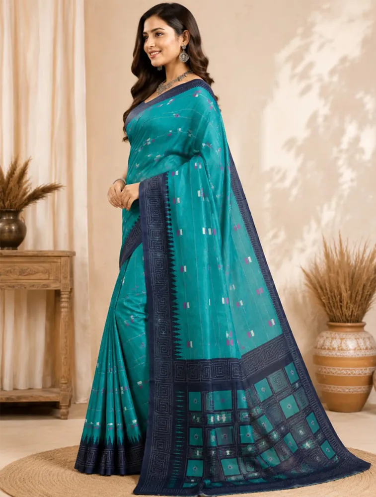Sea Green Womens Elegent Linen Cotton Sarees
