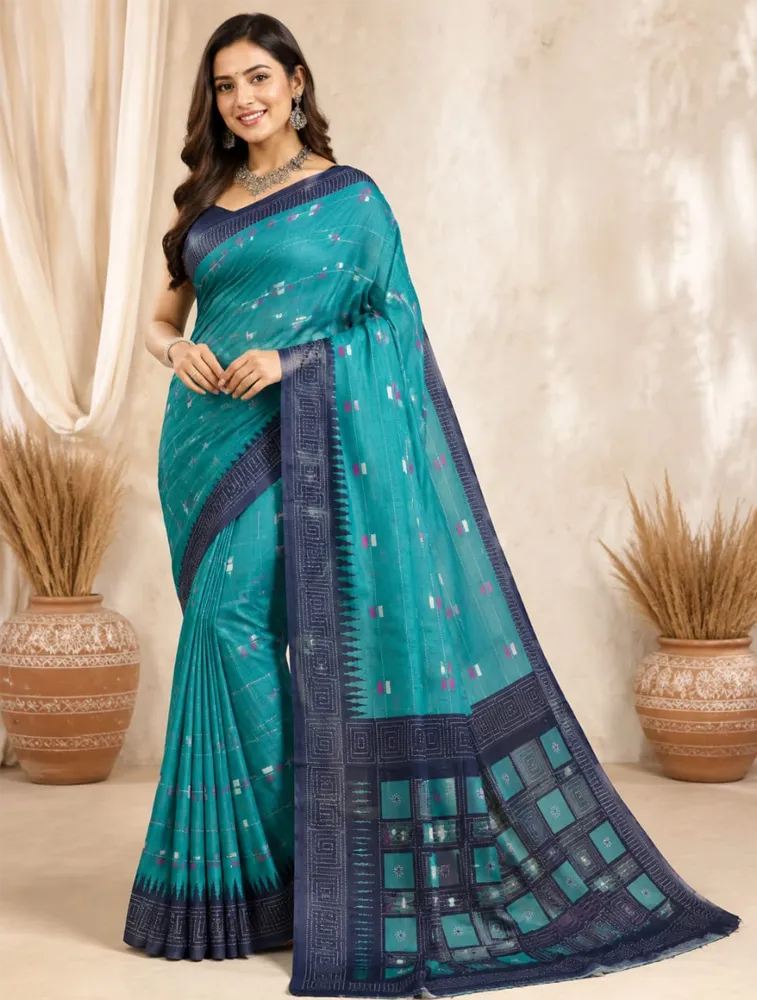 Sea Green Womens Elegent Linen Cotton Sarees — bulk from ₹1956