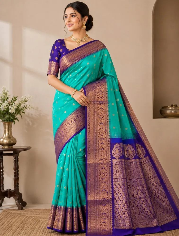 Sea Green Womens Premium Semi Gadwal Saree 