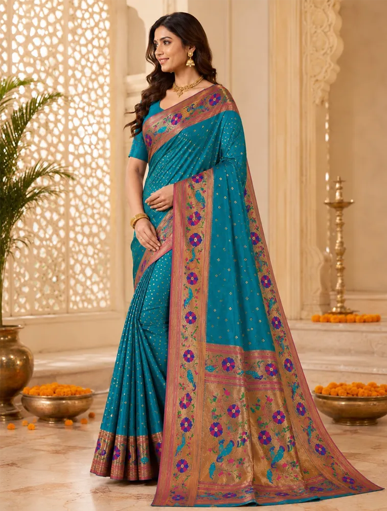 Sea Green Womens Premium Semi Paitani Sarees With Peacock Border