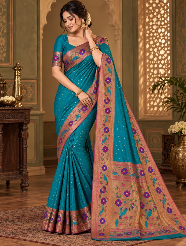 Sea Green Womens Premium Semi Paitani Sarees With Peacock Border