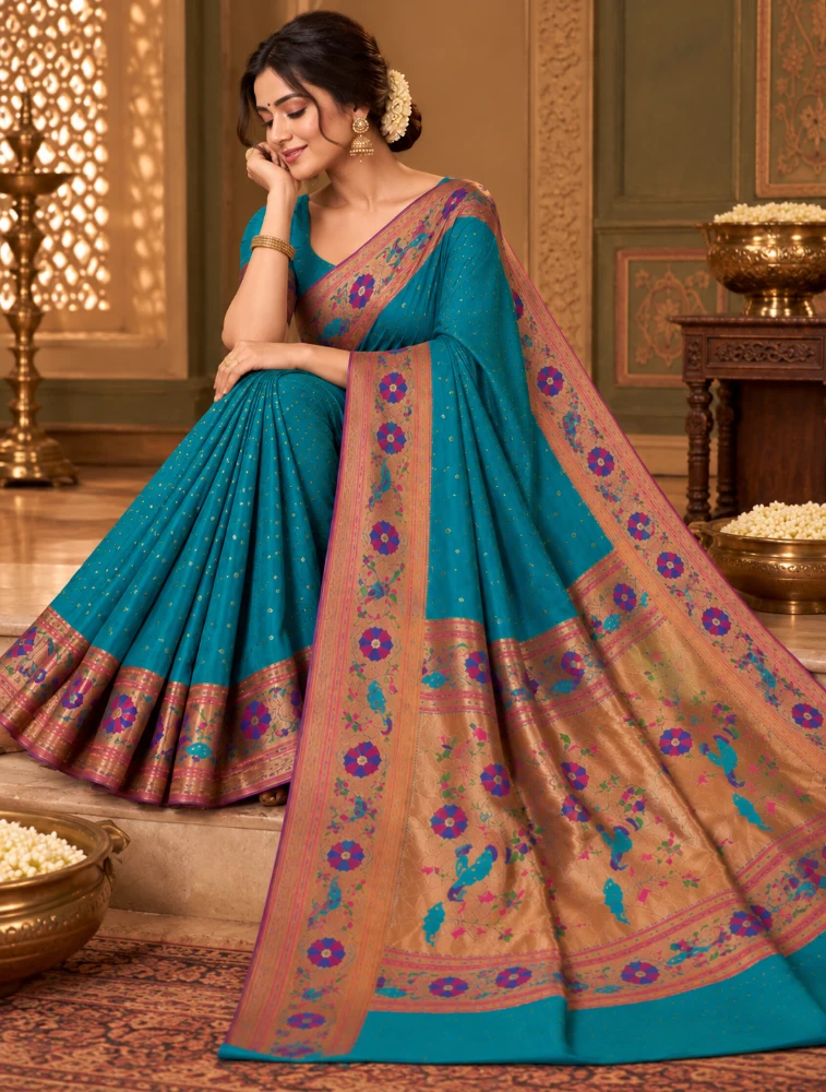 Sea Green Womens Premium Semi Paitani Sarees With Peacock Border
