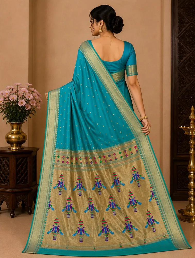 Sea Green Womens Premium Semi Paithani Saree