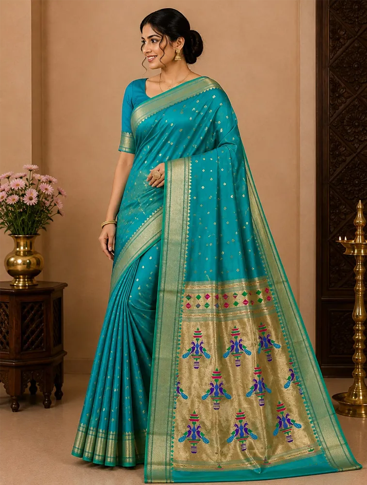 Sea Green Womens Premium Semi Paithani Saree 