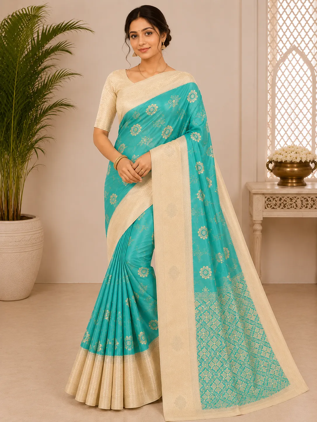 Sea Green Womens Printed Luxury Arihent Soft Silk Sarees