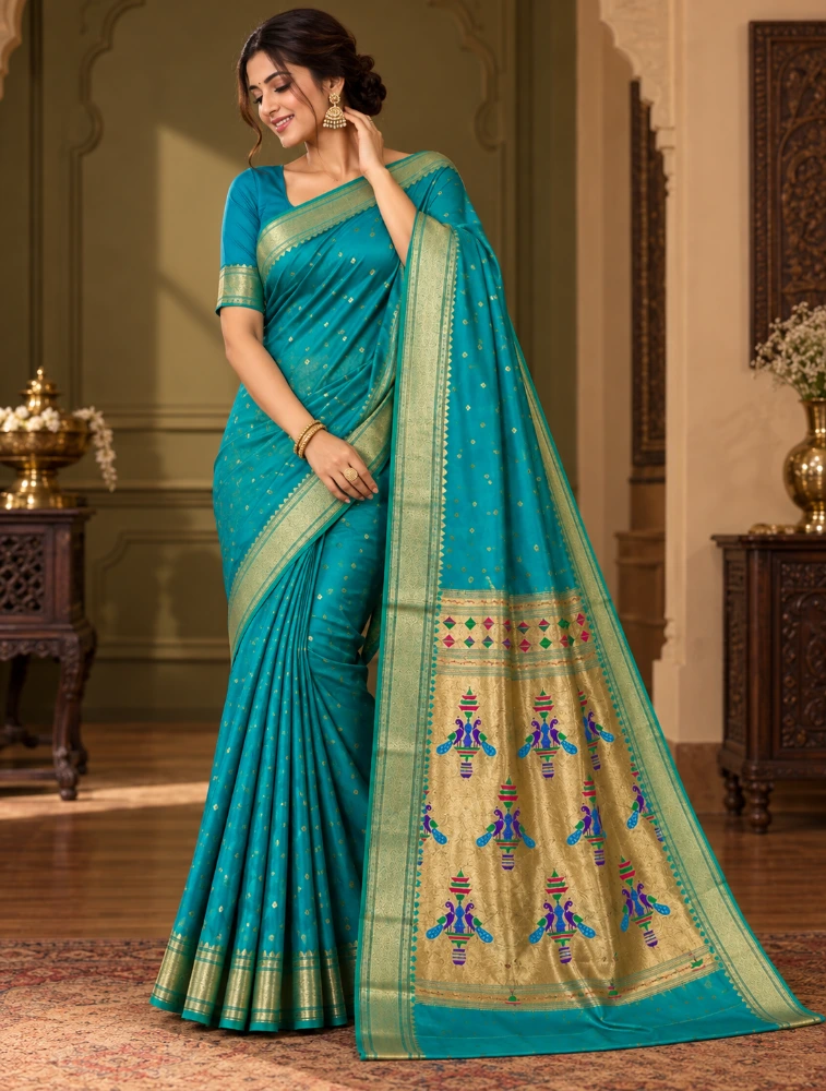 Sea Green Womens Royal Semi Paithani Saree with Elegant Zari Detailing