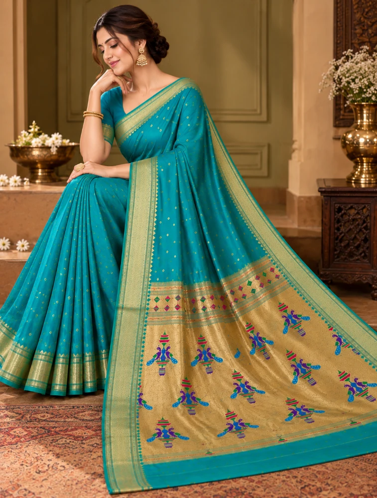 Sea Green Womens Royal Semi Paithani Saree with Elegant Zari Detailing