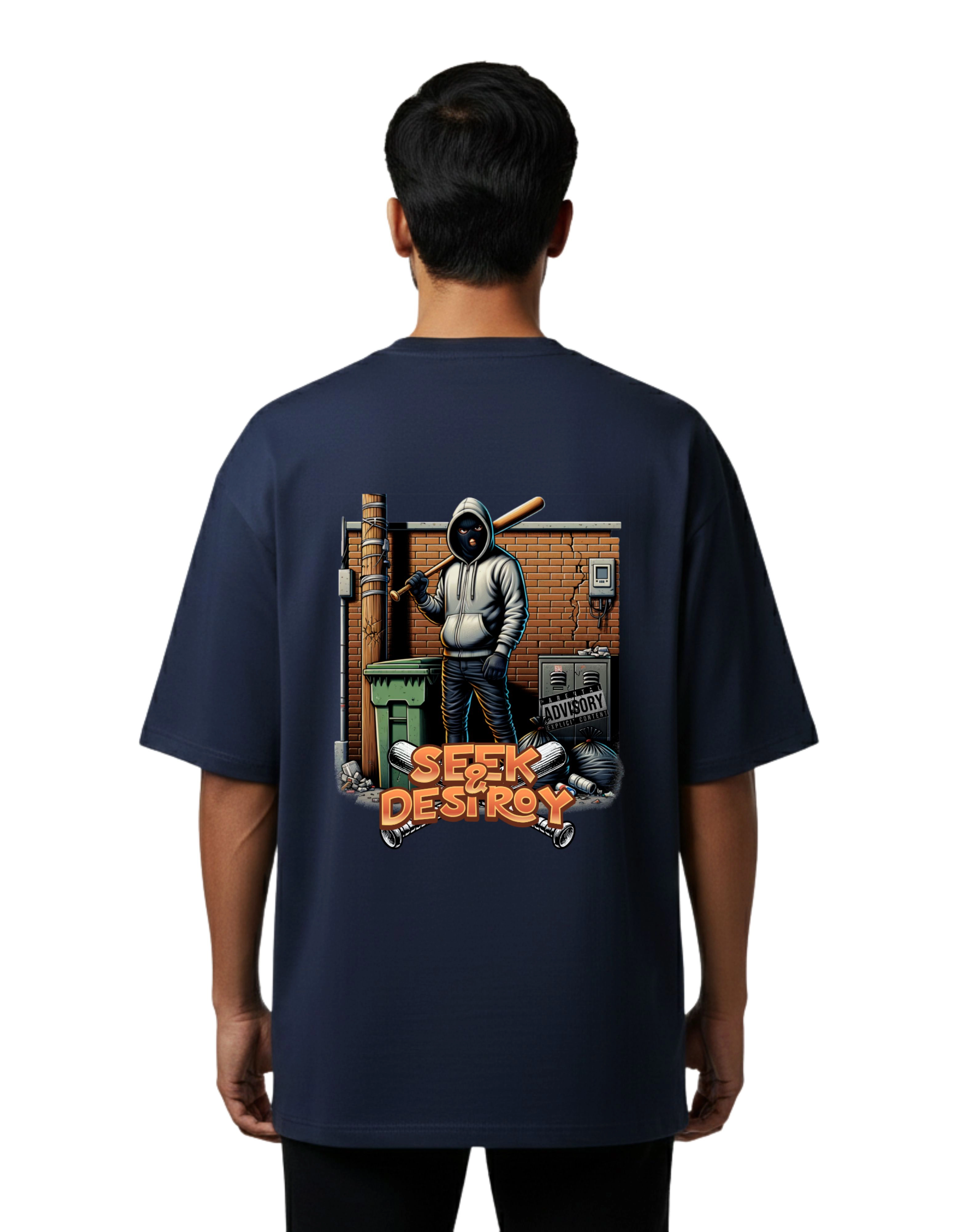 Seek & Destroy Oversize Cotton French Terry T-Shirt 240 GSM Navy Blue