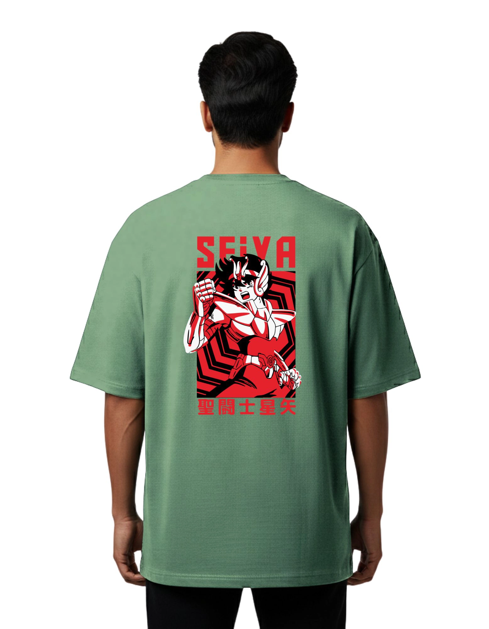 Seiya Retro Anime Oversized Cotton French Terry T-Shirt 240 GSM D Green