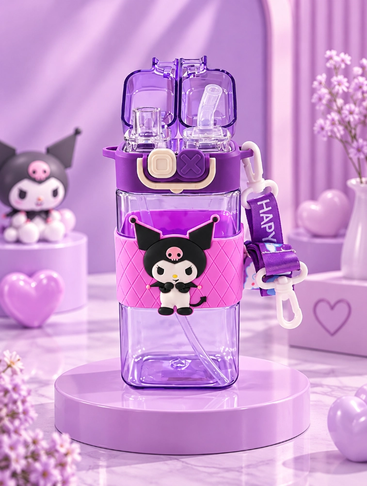 Sewad Purple Kids Cartoon Water Bottle with Straw and Shoulder Strap