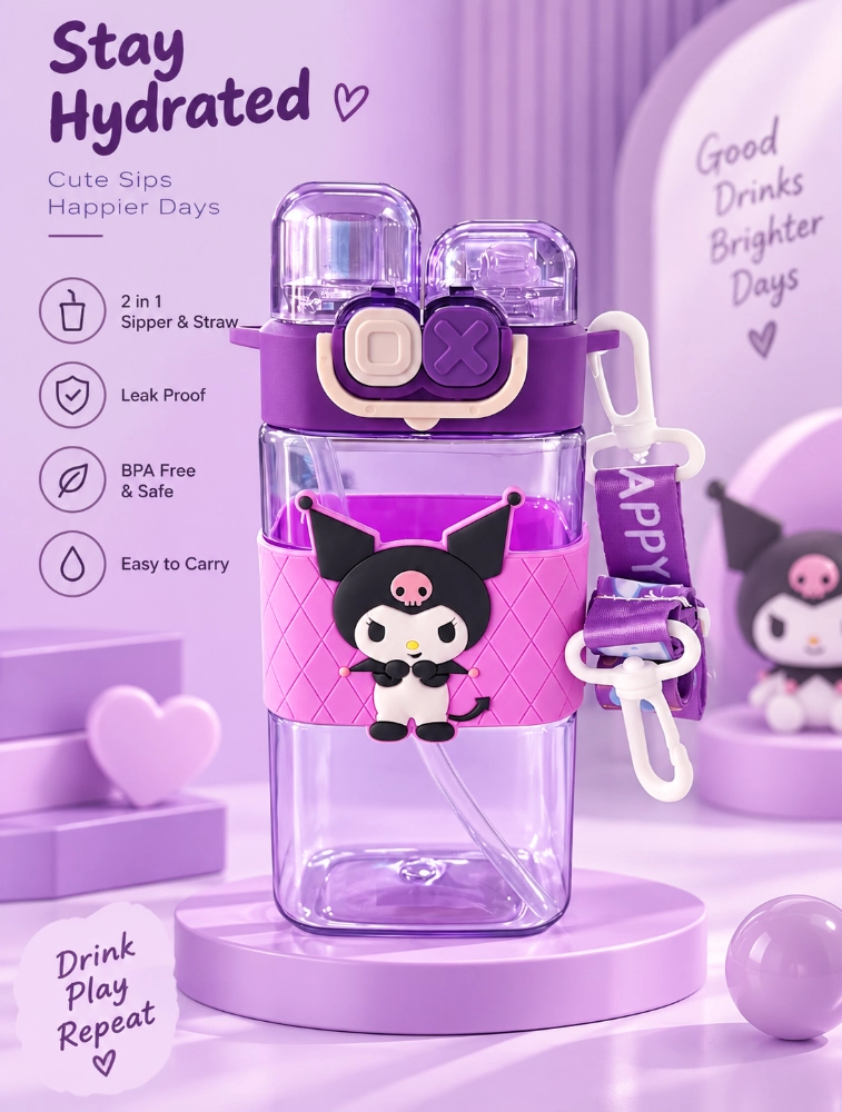 Sewad Purple Kids Cartoon Water Bottle with Straw and Shoulder Strap