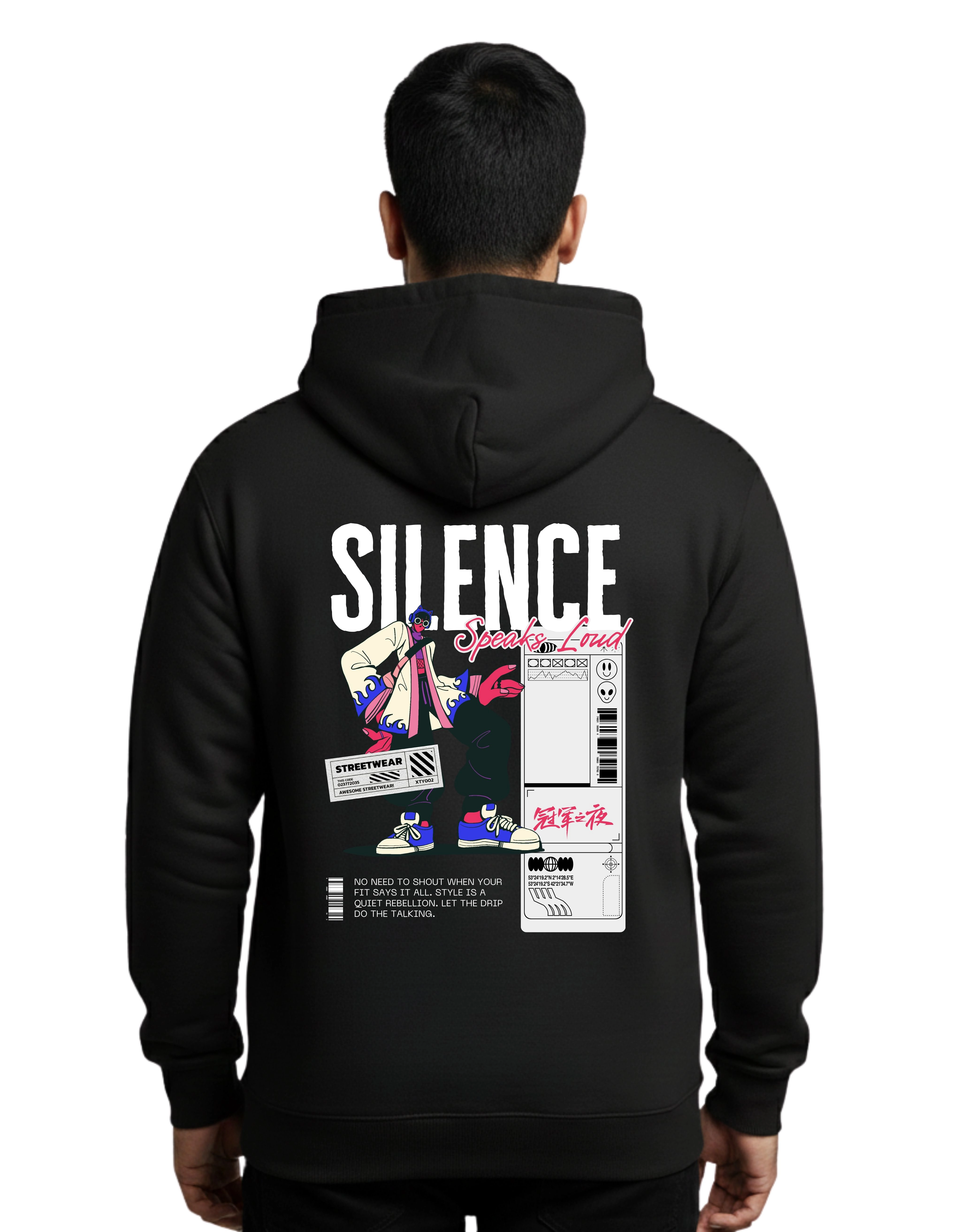 Silence Speaks Loud Cotton Hoodie Without Zipper 300 GSM Black