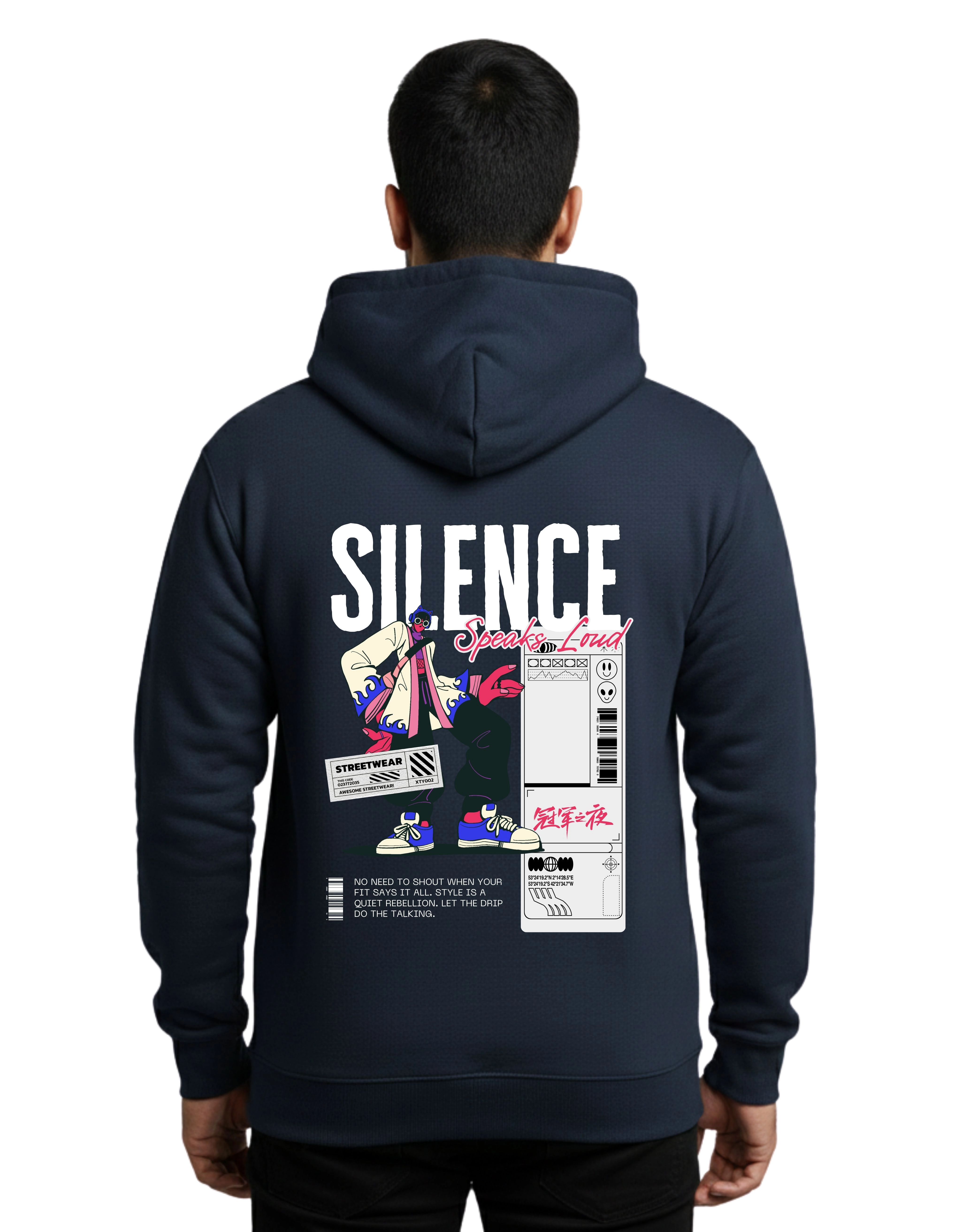 Silence Speaks Loud Cotton Hoodie Without Zipper 300 GSM Navy Blue