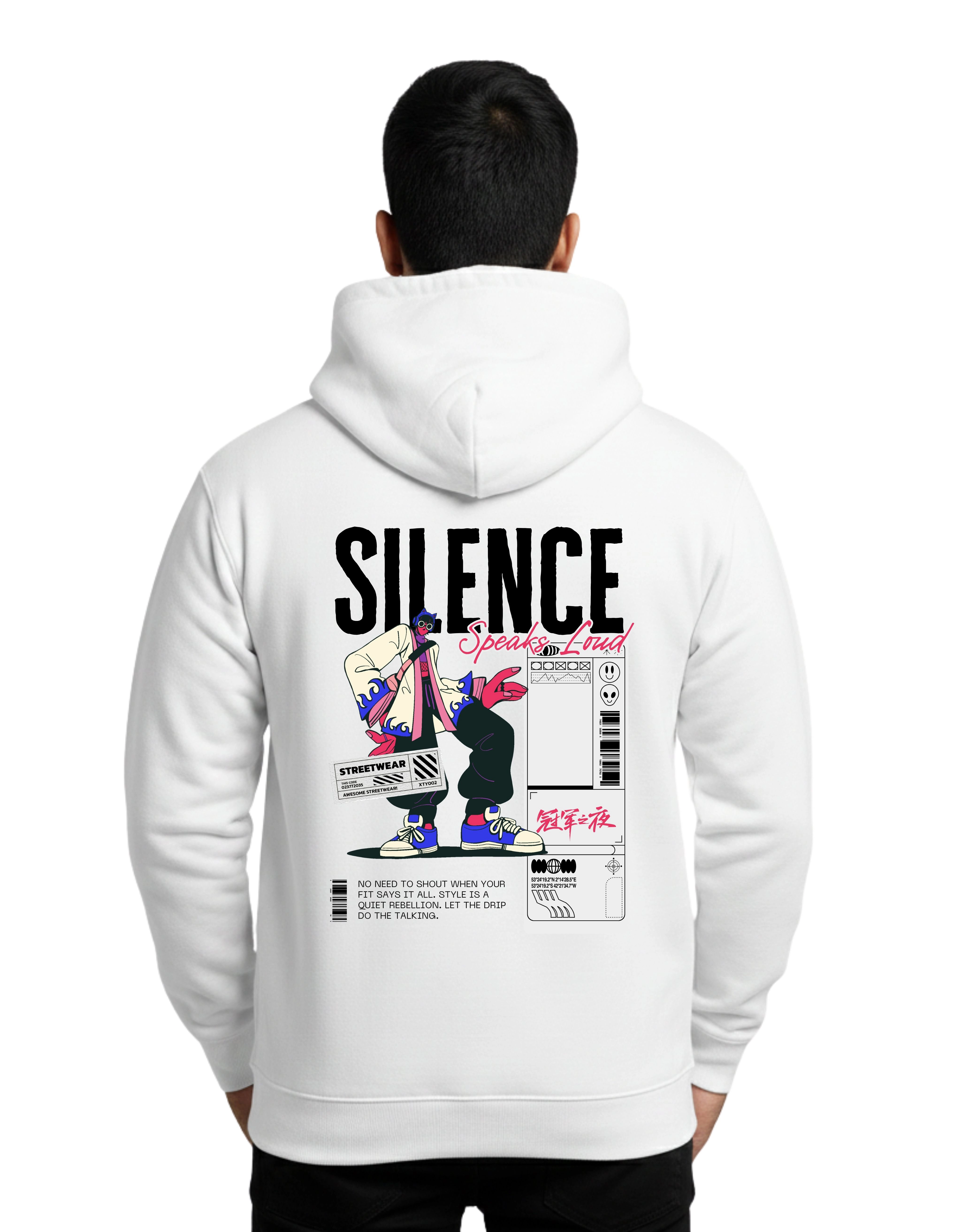Silence Speaks Loud Cotton Hoodie Without Zipper 300 GSM White