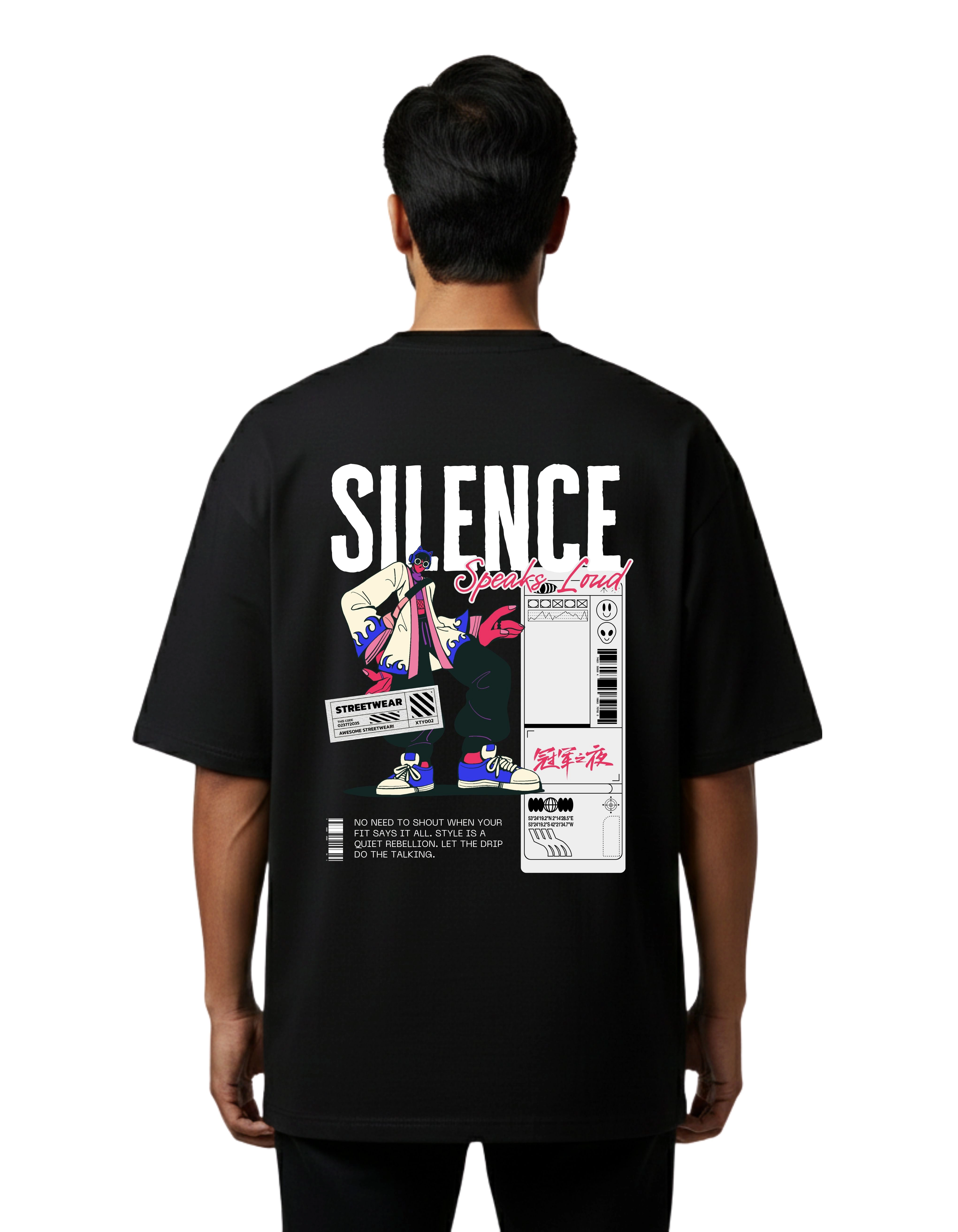 Silence Speaks Loud Oversized Cotton French Terry T-Shirt 240 GSM Black