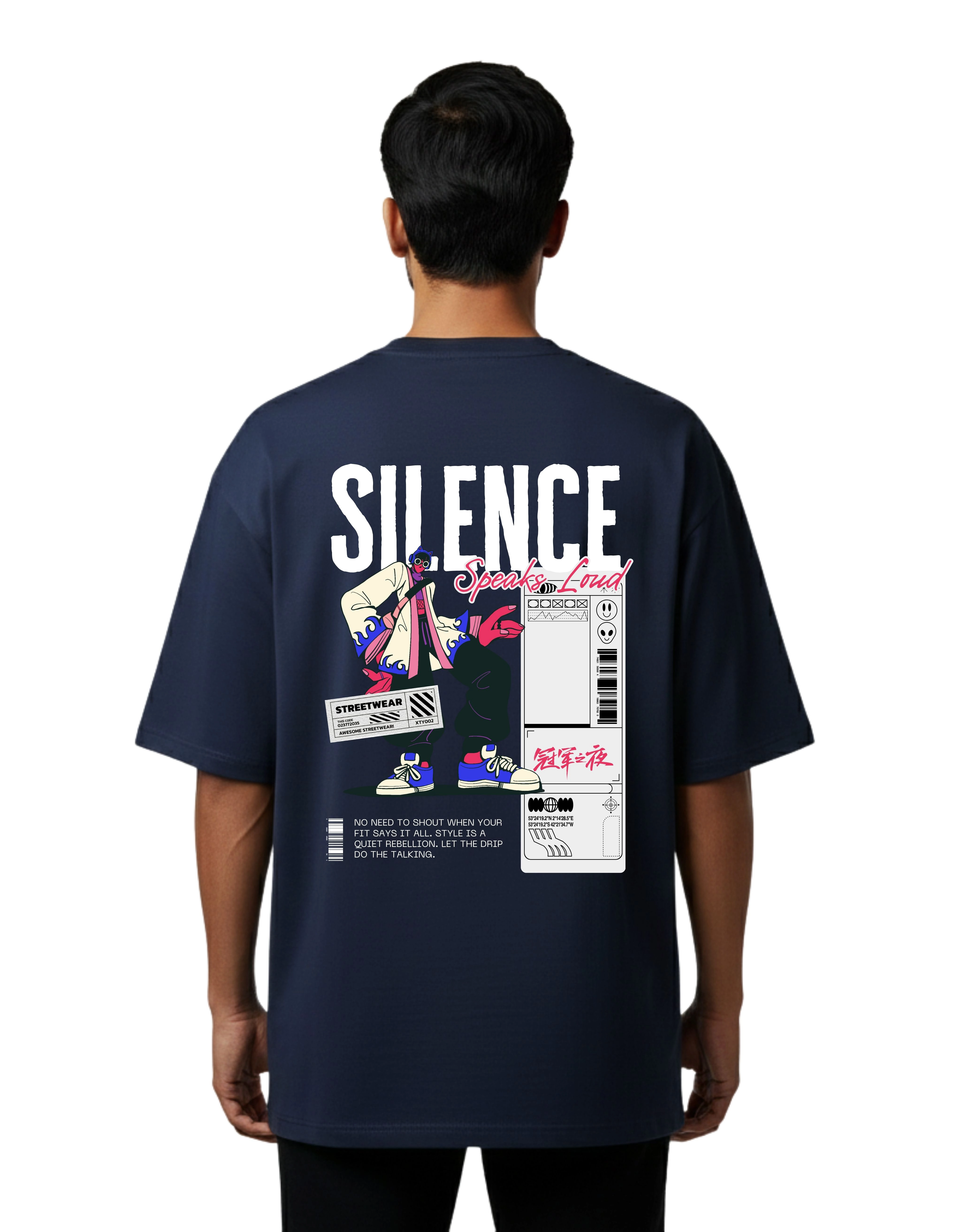 Silence Speaks Loud Oversized Cotton French Terry T-Shirt 240 GSM Navy Blue