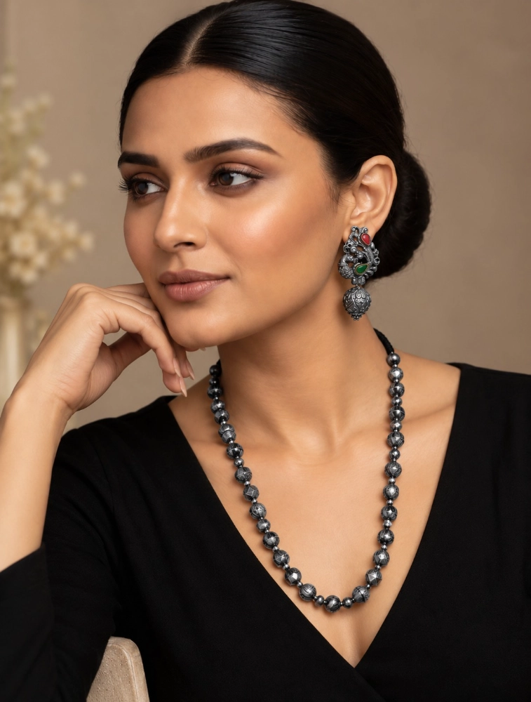 Silver Geometric Gold Bead and Peacock Motifs Stud Earrings Terracotta Jewellery Sets
