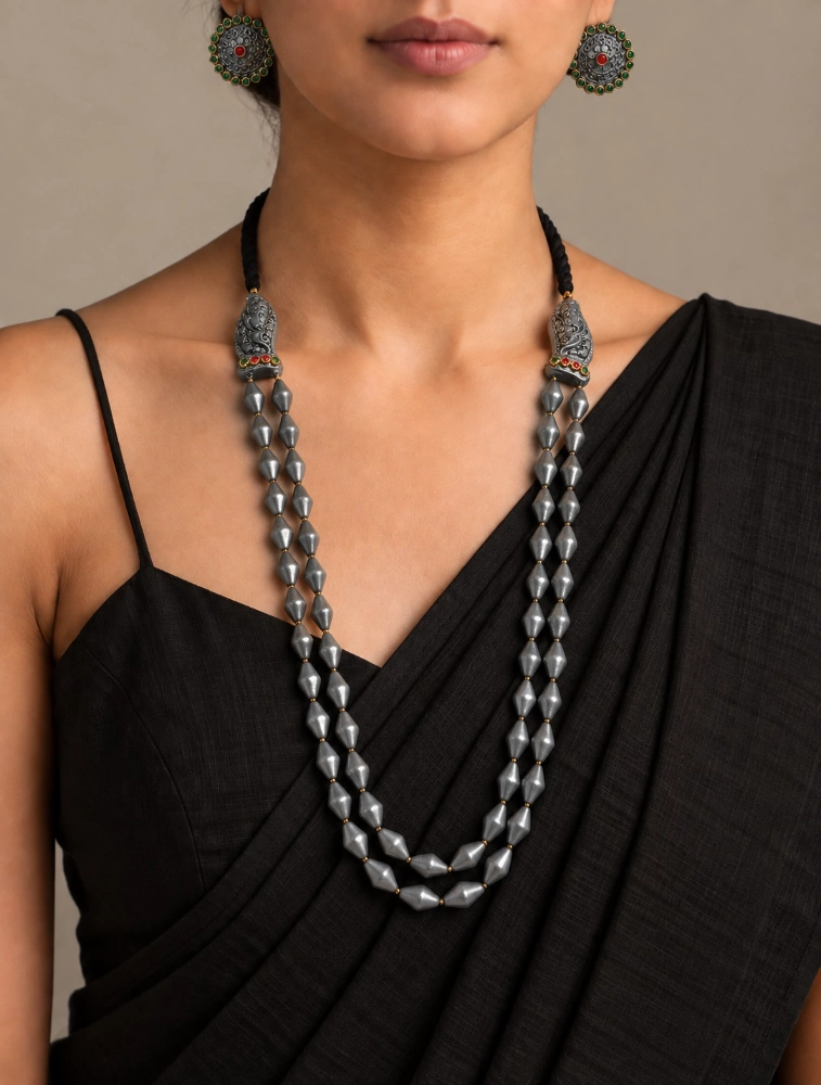 Silver Swarna Dholki Two Layerd long Mala Handmade Terracotta Jewellery Set