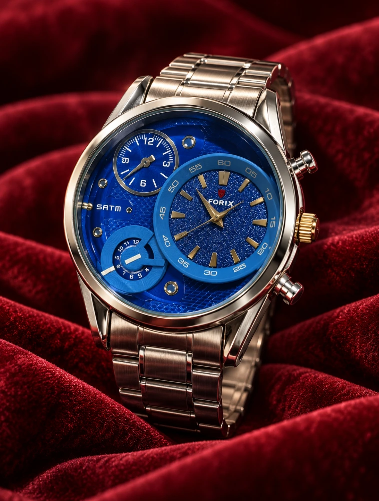 Silver With Royal Blue Mens Luxury Chronograph Watch