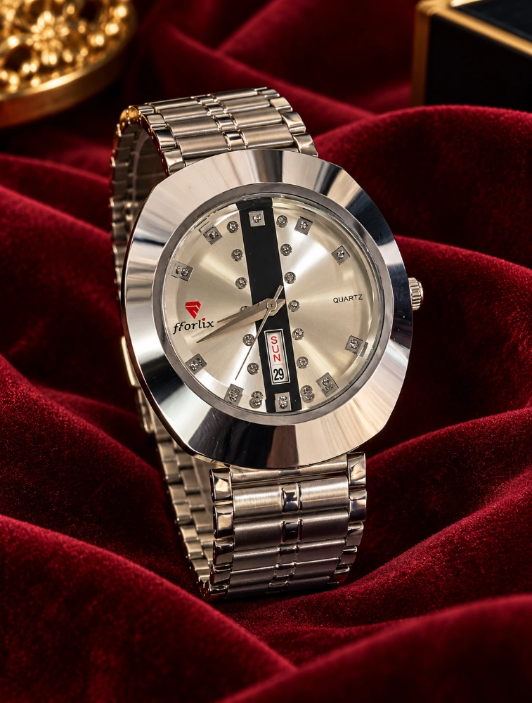 Silver With White Mens Stainless Steel Day and Date Analog Watch 