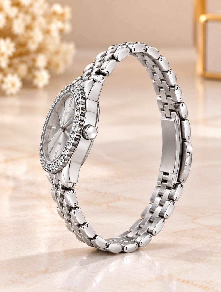Silver Womens Crystal Elegance Analog Watch 
