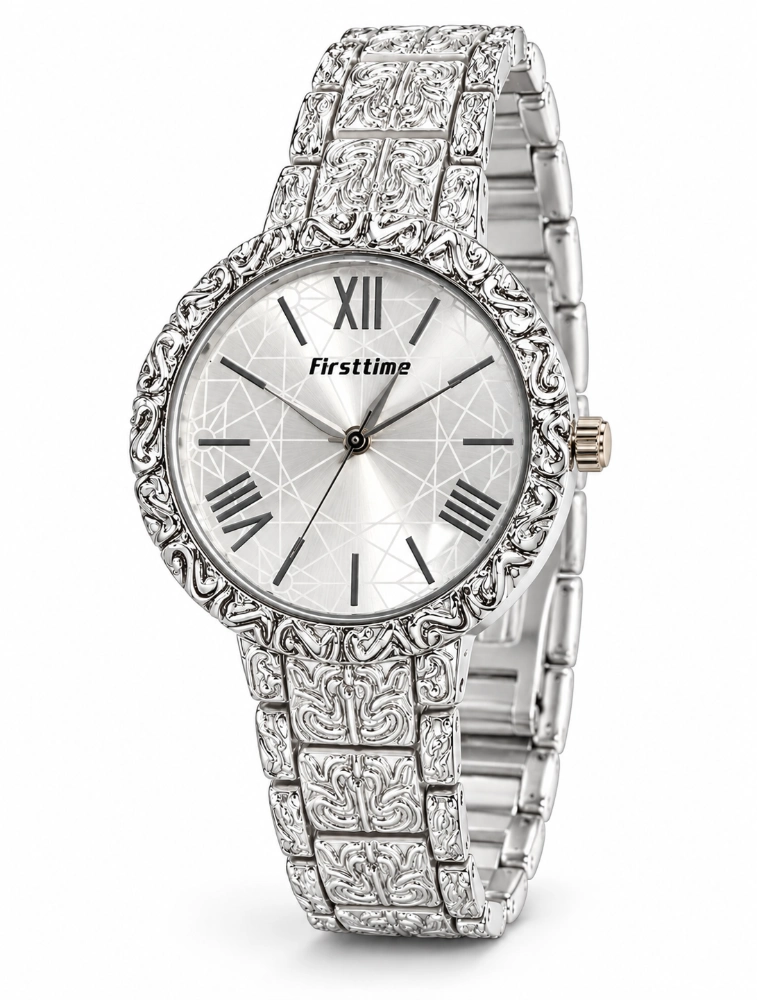 Silver Womens Ornate Analog Bracelet Watch