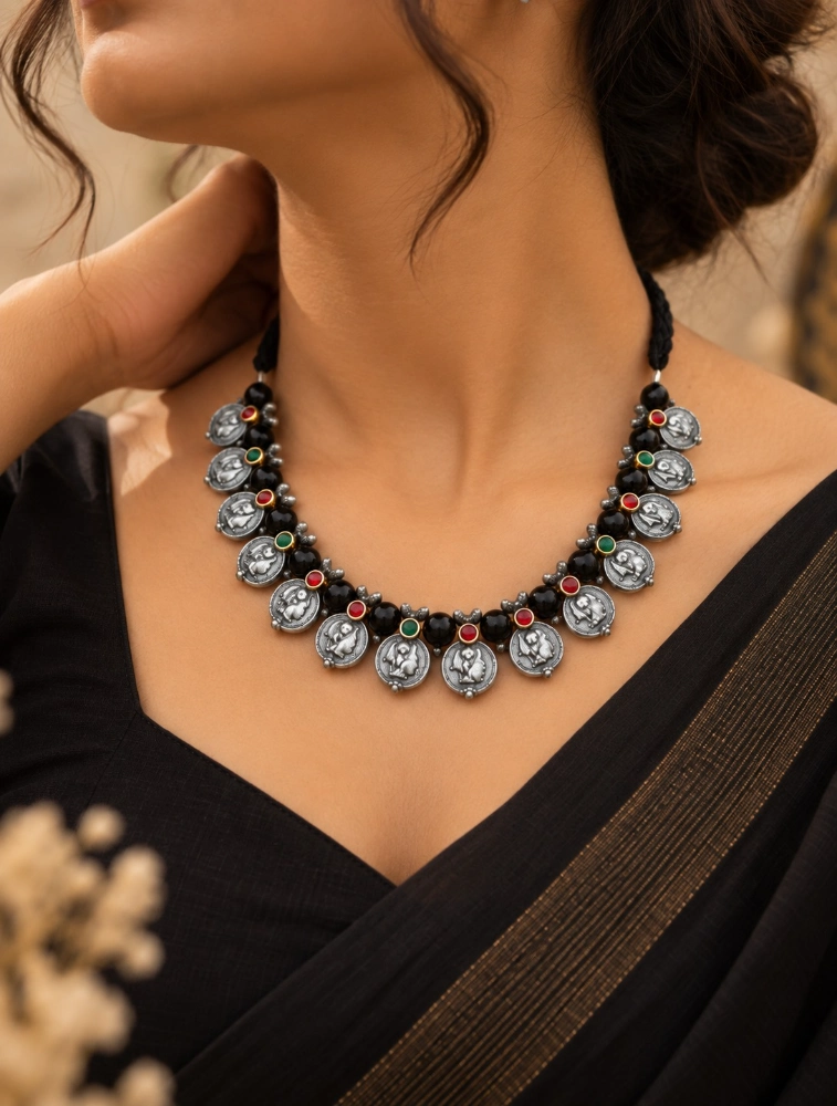 Silver and Black Bead Terracotta Jewellery Set