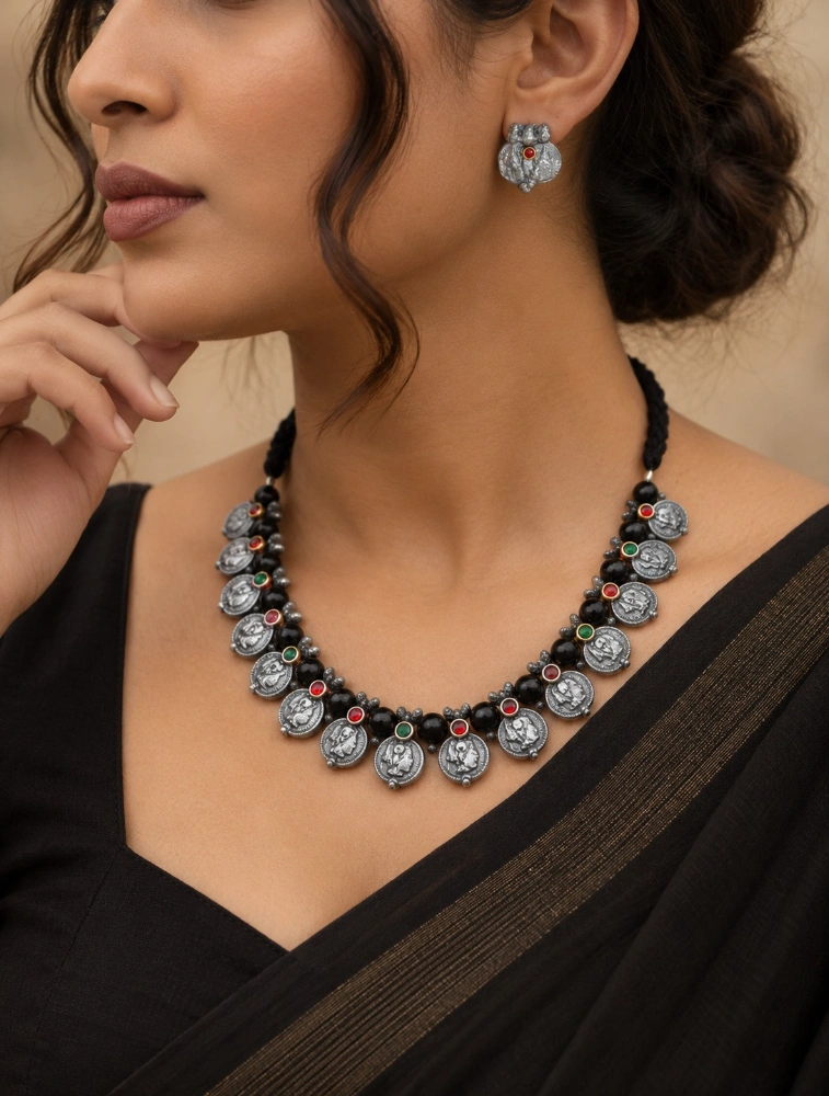 Silver and Black Bead Terracotta Jewellery Set 