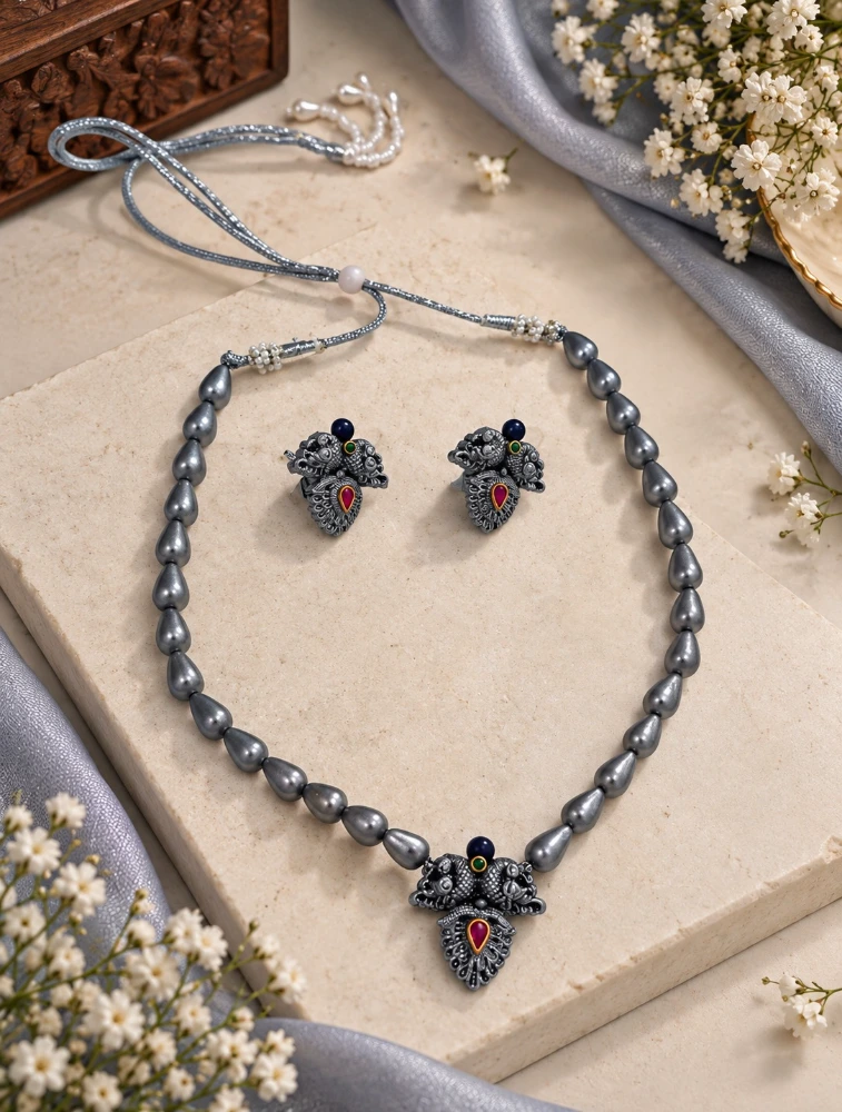 Silver and Black Garuda Elegance Traditional Terracotta Jewellery Set