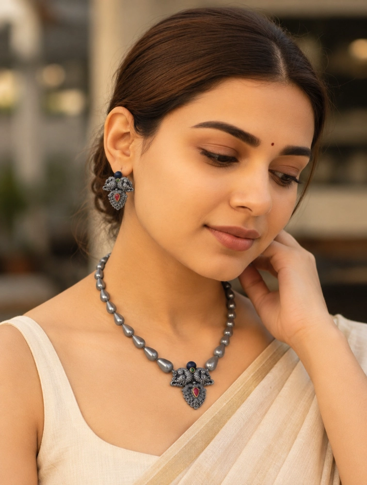 AnnaPari's Silver and Black Garuda Elegance Traditional Terracotta Jewellery Set