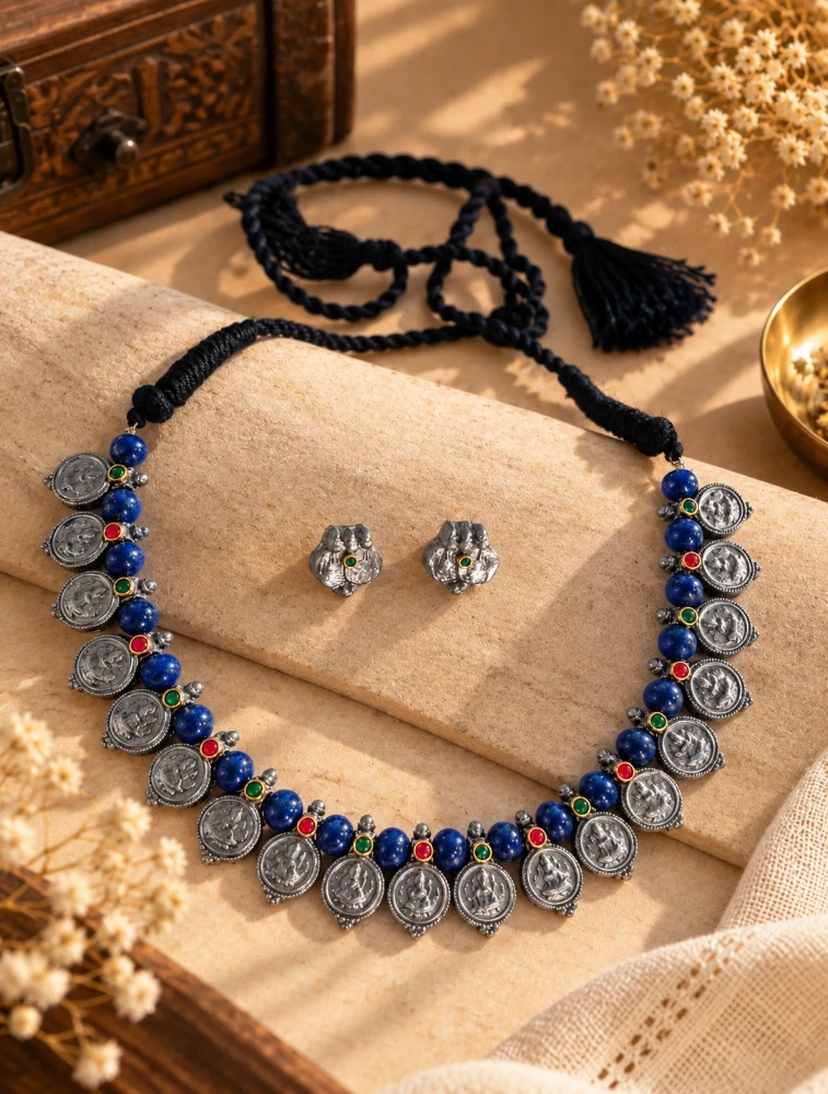 Silver and Blue Bead Terracotta Jewellery Set