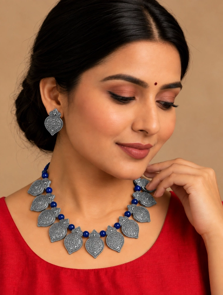 Silver and Blue Bhoomi Neela Terracotta Jewellery Set