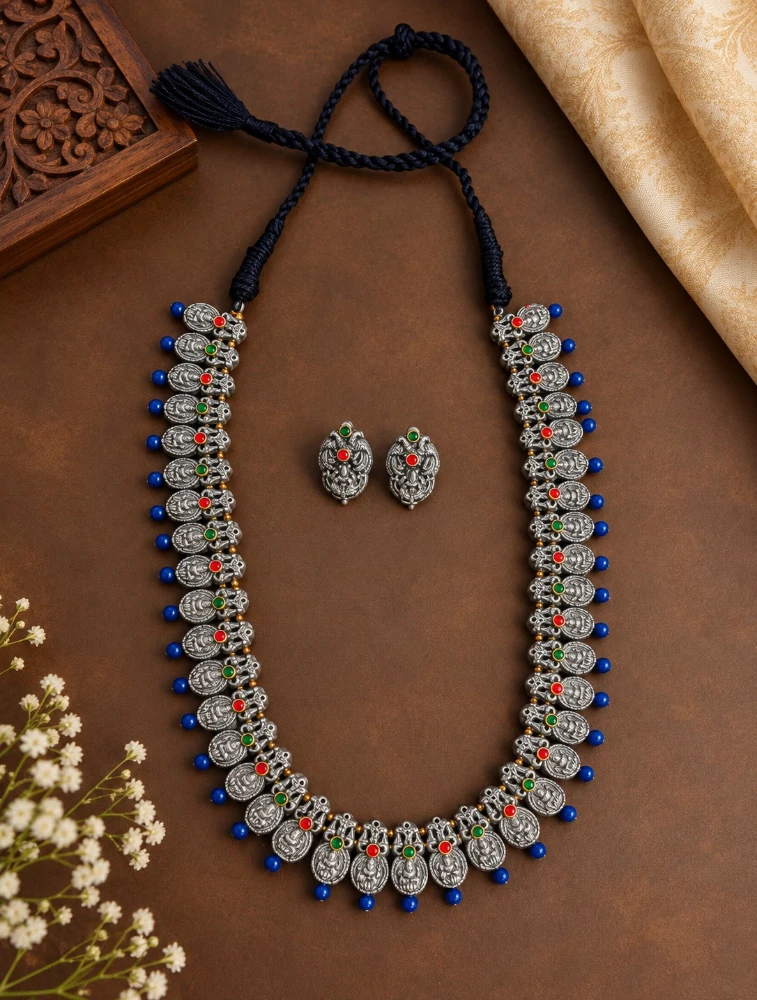 Silver and Blue Long Haram In Lakshmi Design Terracotta Jewellery Set