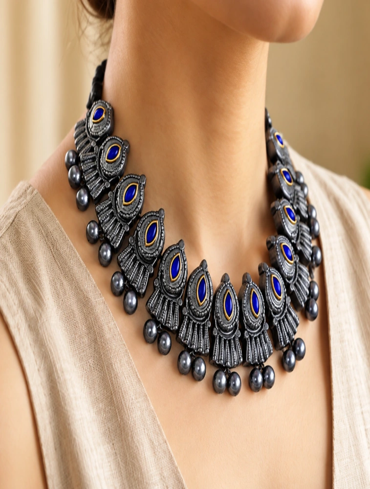Silver and Blue Peacock Motifs Hand Painted Terracotta Jewellery Set