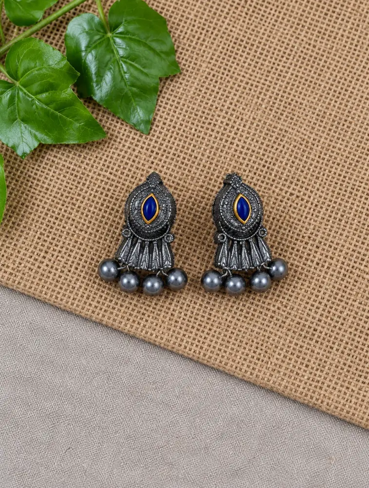 Silver and Blue Peacock Motifs Hand Painted Terracotta Jewellery Set