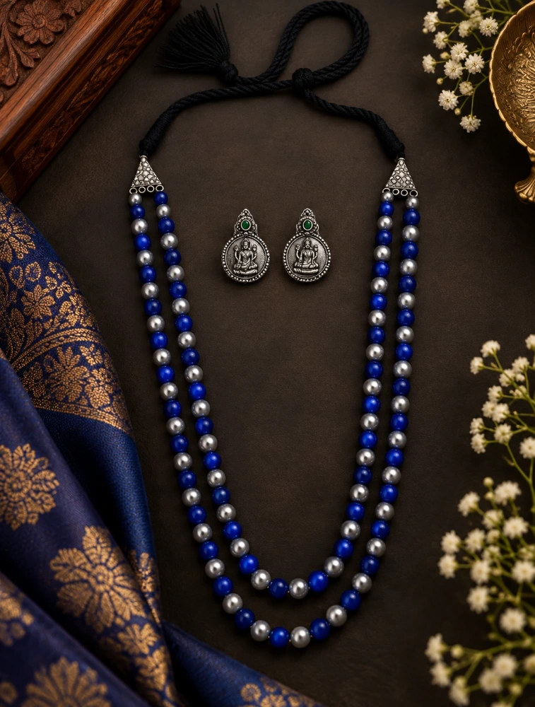 Silver and Blue Terracotta Beaded Necklace Set