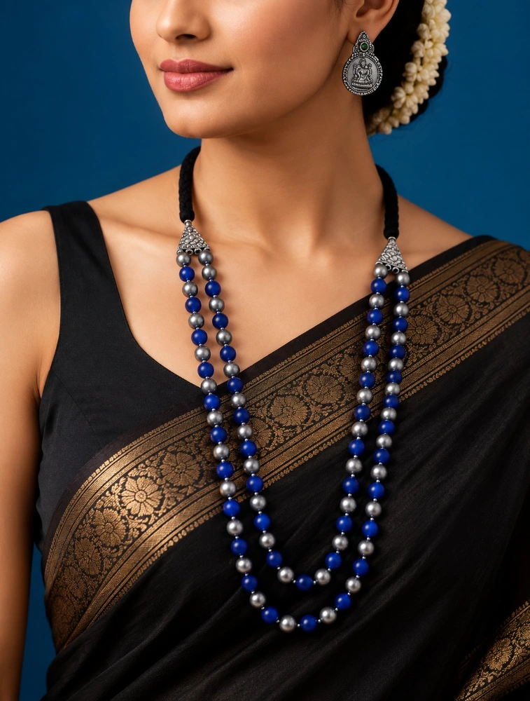 Silver and Blue Terracotta Beaded Necklace Set