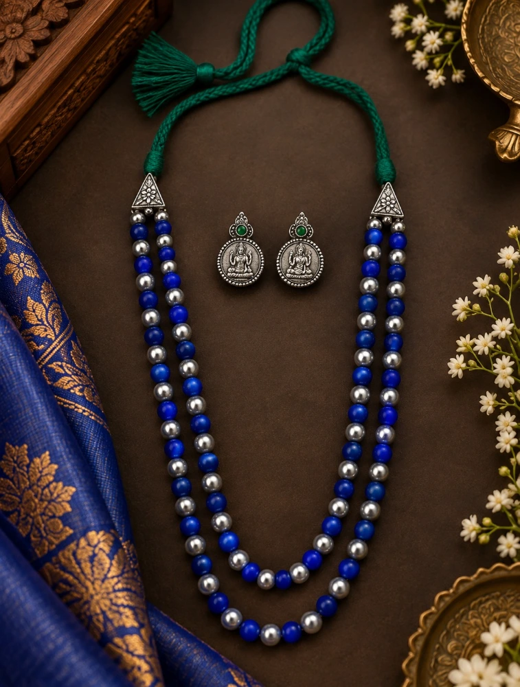 Silver and Blue Terracotta Beaded Necklace Set