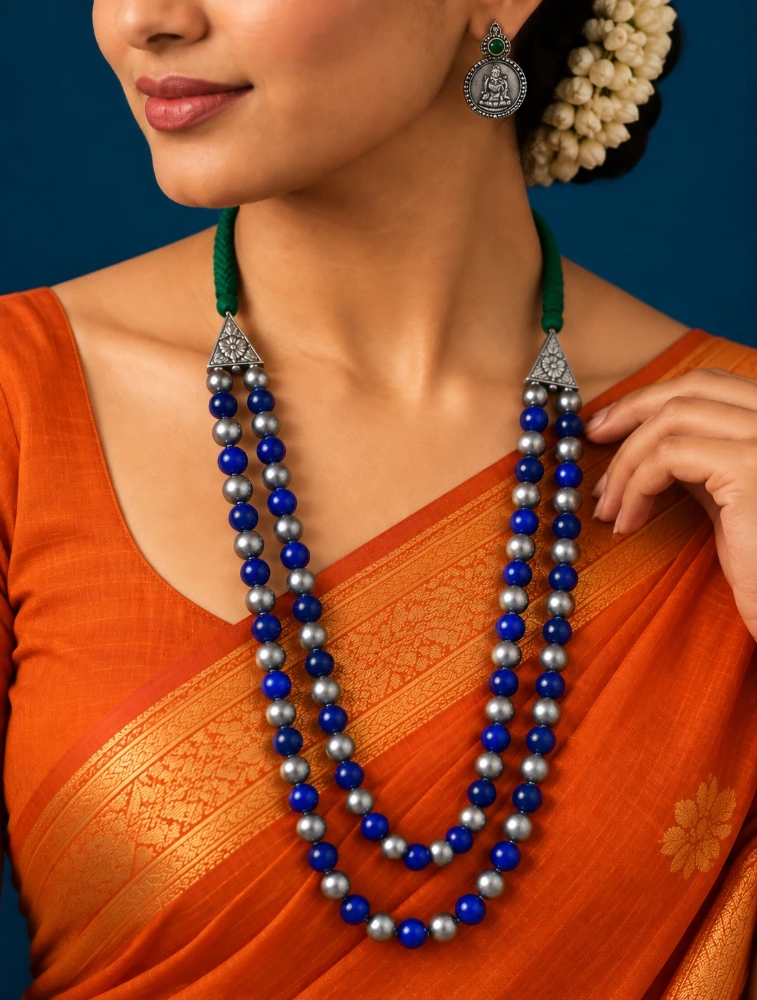 Silver and Blue Terracotta Beaded Necklace Set