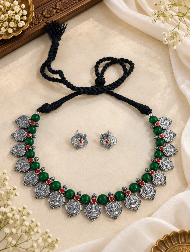 Silver and Green Bead Terracotta Jewellery Set    
