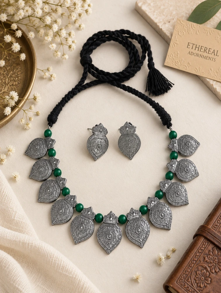 Silver and Green Bhoomi Neela Terracotta Jewellery Set