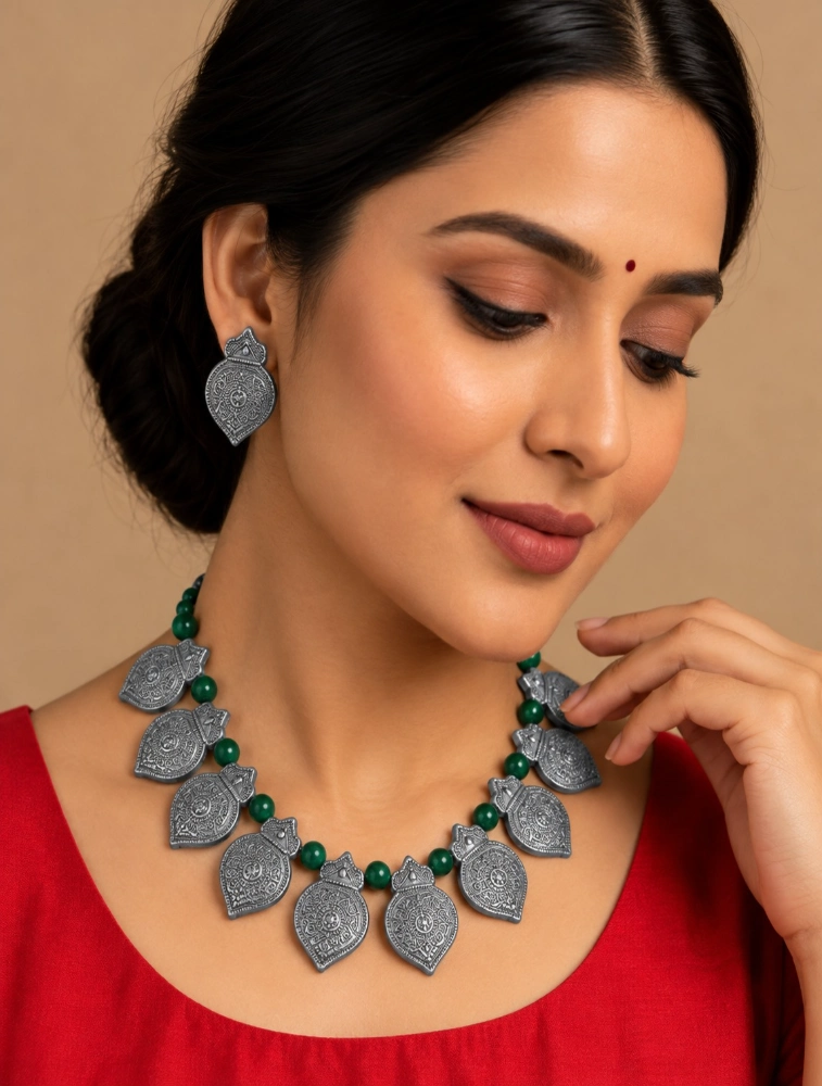 Silver and Green Bhoomi Neela Terracotta Jewellery Set