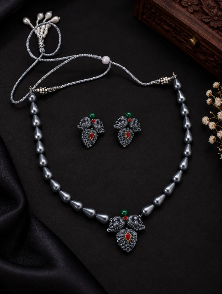 Silver and Green Garuda Elegance Traditional Terracotta Jewellery Set