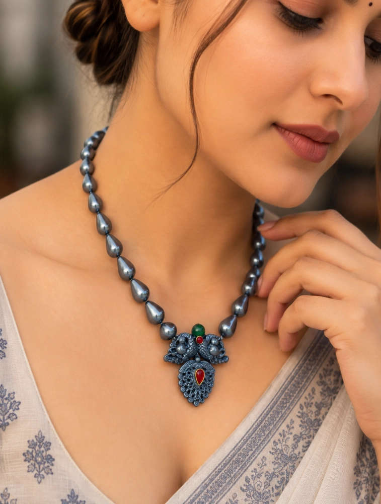 Silver and Green Garuda Elegance Traditional Terracotta Jewellery Set