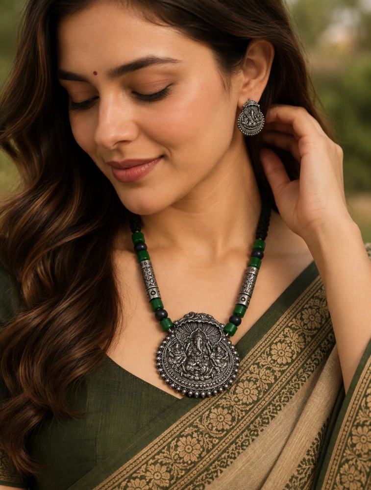 Silver and Green Handmade Lord Ganesha Pendant Terracotta Jewellery Set